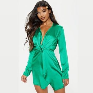 DARK GREEN PRETTYLITTLETHING SATIN WRAP DRESS NWT